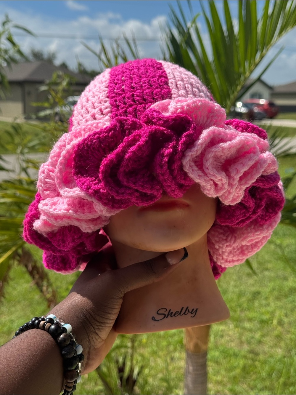 Handcrafted Pink Crochet Ruffle Bucket Hat - Picture 6 of 6